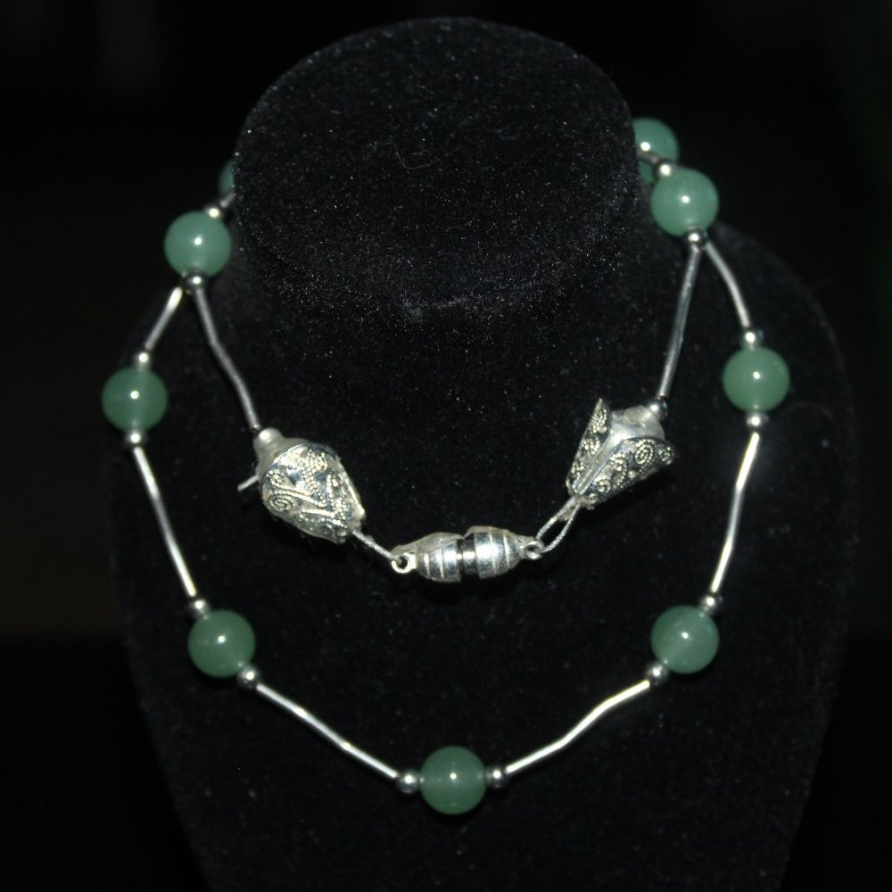Liquid Silver necklace w/ light green jade quartz